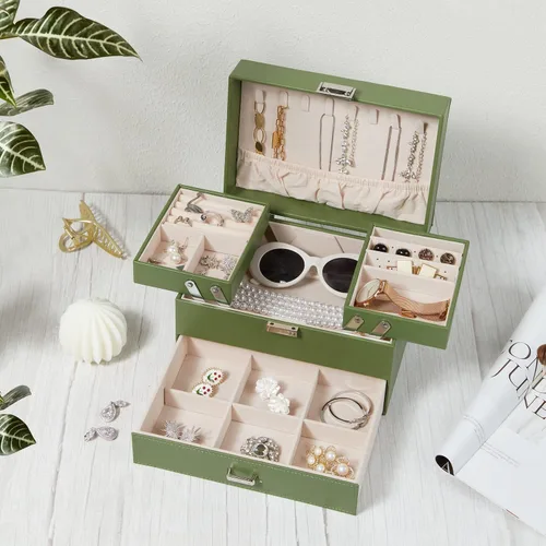 Vista 7 de Joyero de 3 capas grande de cuero organizador de joyas para mujeres y niñas, elegante y bien organizado para aretes, anillos, collares, pulseras