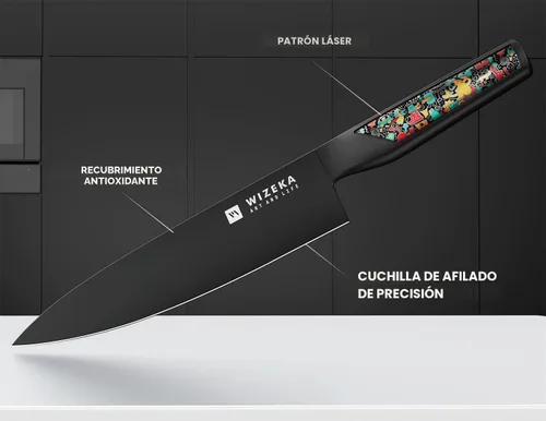 Vista 3 de WIZEKA Cuchillo de cocinero: 8 pulgadas: Cuchillo de cocina extremadamente afilado: acero inoxidable de alto carbono de espiga completa: cuchillo