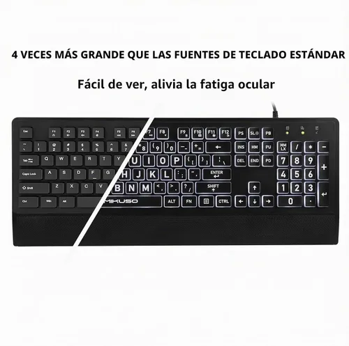 Vista 2 de Teclado retroiluminado de impresión grande, USB con cable