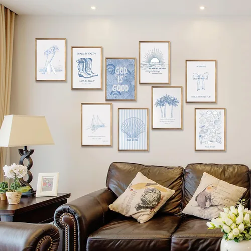 Vista 7 de 9 Piezas Arte de Pared Cristiano Costero Azul Pósteres de Conchas Marinas Versículos Bíblicos Inspiradores Océano Playa Estrella de Mar Palmera
