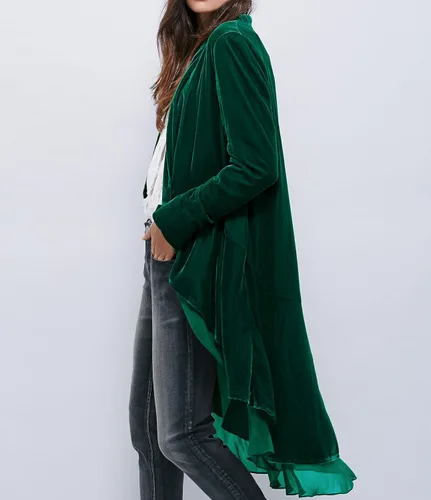 Vista 2 de R. Vivimos - Chaqueta con volados, asimétrica, larga, de terciopelo, informal, para mujer