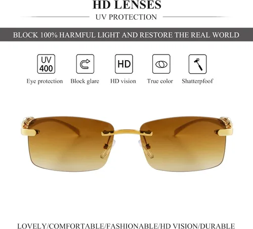 Vista 5 de Lentes de sol rectangulares sin montura vintage para mujeres y hombres, de metal dorado, sin marco, cuadradas, transparentes