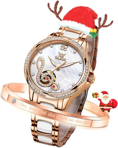 Vista 7 de OLEVS Relojes para mujer, de cuerda automática, oro rosa, diamante, reloj de pulsera mecánico automático, acero inoxidable, dos tonos, pulsera