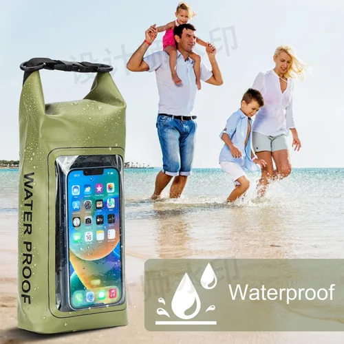 Vista 6 de Bolsa seca impermeable de 2 litros, funda enrollable para teléfono de playa, bolsa seca ligera para natación, kayak, campamento, pesca, viajes, Verde