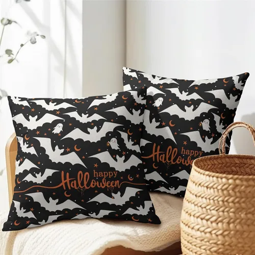Vista 5 de Happy Halloween - Juego de 2 fundas de almohada decorativas de lino y algodón negro con diseño de murciélago blanco de 16 x 16 pulgadas, fundas