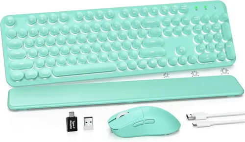 Vista 14 de Combo de teclado y mouse inalámbricos, teclado retro con teclas redondas, teclado estilo máquina de escribir de tamaño completo con reposamuñecas