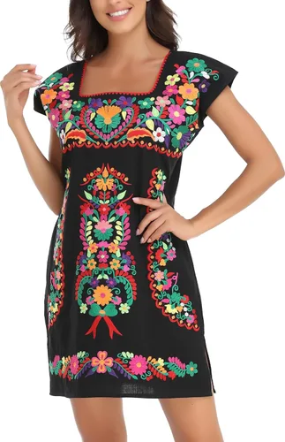 Vista 9 de YZXDORWJ Vestido bordado mexicano sin mangas con cuello de volantes para mujer