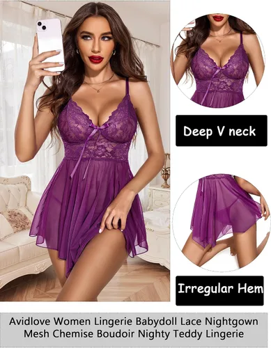 Vista 2 de Avidlove Lencería para mujer, babydoll de encaje, camisón de malla, camisón de noche, lencería seductora