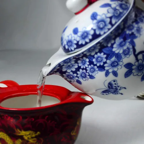 Vista 4 de Tetera 11.8 fl oz Azul y Blanco Flor Porcelana Tetera con Infusor Classic Water Pot (Flores mariposa)
