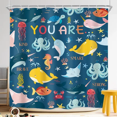 Vista 10 de Riyidecor Ocean - Cortina de ducha para niños, 60 pulgadas de ancho x 72 pulgadas de alto, diseño de ballena, dibujos animados, animales, delfín