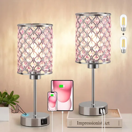 Vista 14 de Lámpara de mesa de cristal, lámpara táctil púrpura con puerto USB C+A Púrpura-1