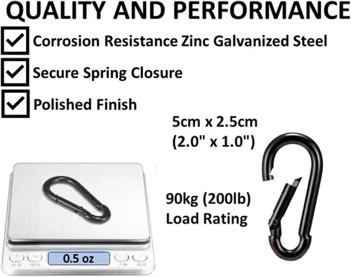 Vista 4 de Mosquetones Bushcraft de Servicio Pesado Galvanizados en Zinc Negro y Plateado con Resorte y Clip de Enganche Rápido, Capacidad de Carga 200-500 lb
