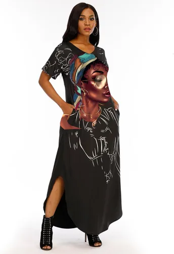 Vista 2 de AZPSRT Vestido suelto casual con estampado de arte afroamericano para mujer