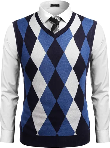 Vista 7 de COOFANDY Suéter sin mangas con cuello en V para hombre, ajustado, informal, con rombos
