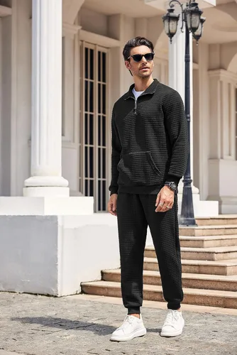Vista 9 de COOFANDY Conjunto deportivo de 2 piezas para hombre, ajuste relajado, con media cremallera, para correr