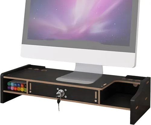 Vista 8 de Monitor Riser Wooden Desktop Organizer Shelf Black