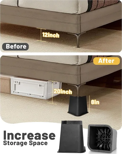Vista 6 de Affogato Elevadores de cama, paquete de 4 elevadores de muebles resistentes de 8 pulgadas, extensores de patas de mesa, elevadores de cama
