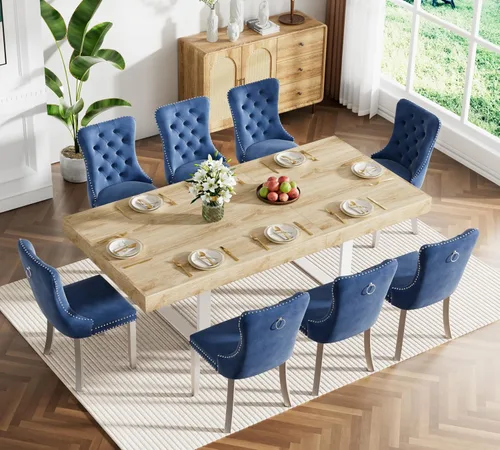 Vista 32 de Juego de mesa de comedor extensible marrón de 63 a 78.74 pulgadas para 4, juego de mesa de comedor de 5 piezas con 4 sillas tapizadas, mesa