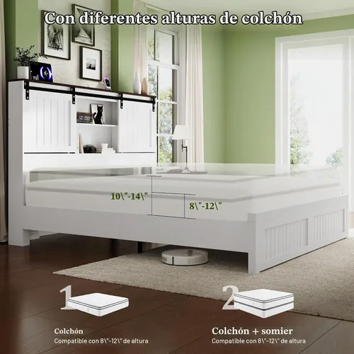 Vista 3 de Marco de cama tamaño Queen con cabecera de almacenamiento, luces de lectura, color blanco Blanco antiguo