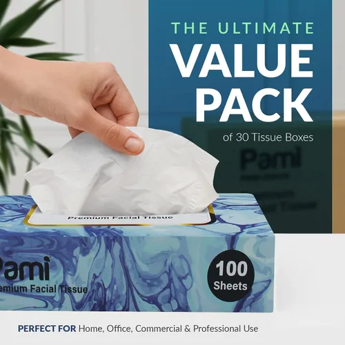 Vista 5 de PAMI Pañuelos faciales de alta calidad [30 cajas x 100 = 3000 pañuelos en total] – Cajas de pañuelos faciales a granel para oficina, escuela, hogar