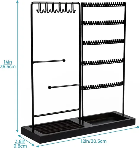 Vista 5 de Vtopmart Soporte organizador de joyas para aretes, collares, anillos, pulseras, exhibición y almacenamiento, con 90 agujeros, 12 ganchos, bandeja