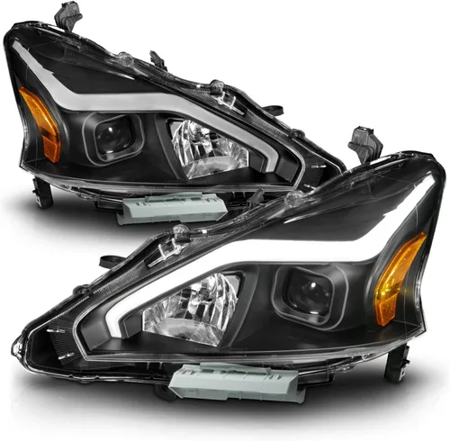 Vista 2 de AmeriLite Juego de faros delanteros cuadrados negros para Nissan Altima de 4 puertas sedán 2013-2015, lado del pasajero y del conductor