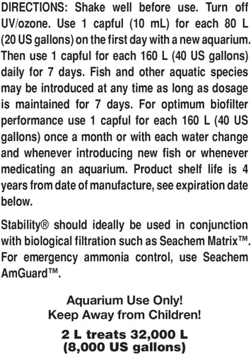 Vista 2 de Seachem Stability Estabilizador para Tanque de Peces - Para Acuarios de Agua Dulce y Marina 2L / 67.6 oz