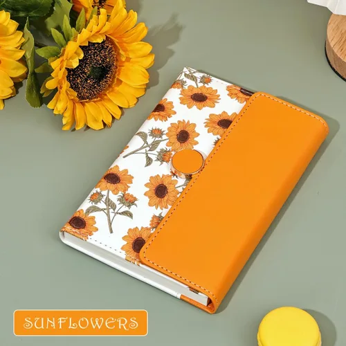 Vista 5 de Mazeran Diarios magnéticos florales, elegante tapa dura de piel sintética B6, cuaderno ejecutivo, diario de viaje, girasoles