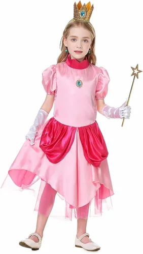 Vista 3 de Antbutler Disfraz de melocotón para niñas, vestido de durazno de súper princesa, disfraz de Halloween con corona de accesorios