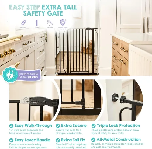 Vista 4 de Regalo Easy Step - Puerta para bebé extra alta con acceso, kit adicional, incluye kit de extensión de 4 pulgadas, kit de montaje a presión, ventosas