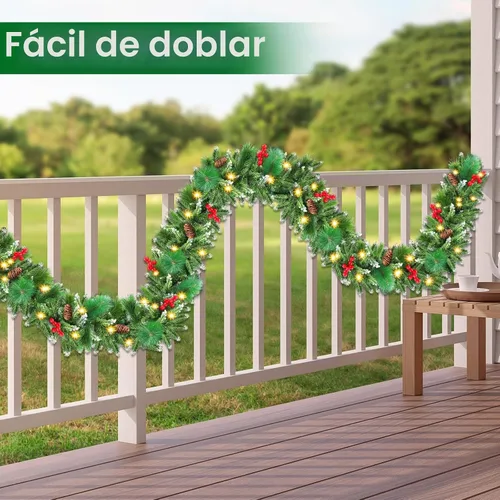 Vista 4 de Guirnalda de Navidad con luces, 50 luces LED, guirnalda preiluminada de 9 pies, funciona con pilas, decoración de Navidad para interiores