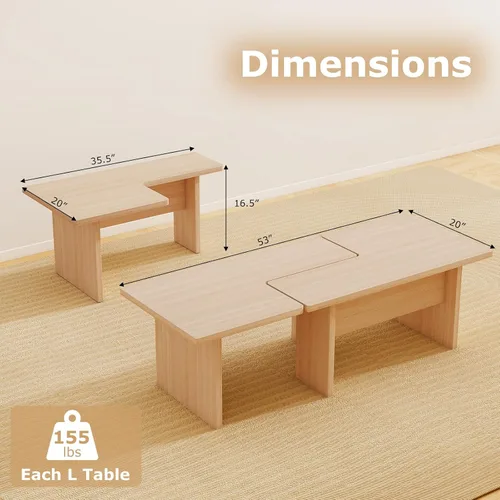 Vista 2 de Giantex Juego de 2 mesas de centro en forma de L, mesa central modular anidable con acabado de grano, mesas modernas de sala de estar de mediados