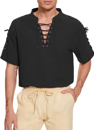 Vista 5 de Camisa pirata para hombre renacentista medieval retro steampunk gótico vikingo con cordones camiseta Ren Faire disfraz de Halloween