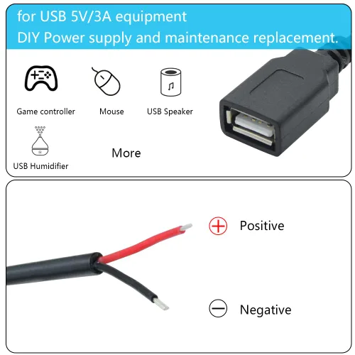 Vista 4 de USB A hembra a 2 Pin alambre desnudo, cable de coleta USB 5V/3A ninguna función de datos USB Open End Power Cable 11", Tinned Tail, 22AWG for USB
