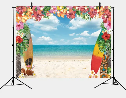 Vista 7 de Fondo de playa hawaiana para verano, cielo, océano, palmera tropical, tabla de surf, fondo de fotografía, baby shower, decoración de fiesta