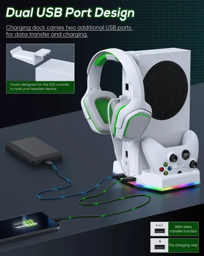 Vista 6 de Soporte de refrigeración y estación de carga para Xbox Series S con tira de luz RGB, cargador dual de controladores y ventilador enfriador