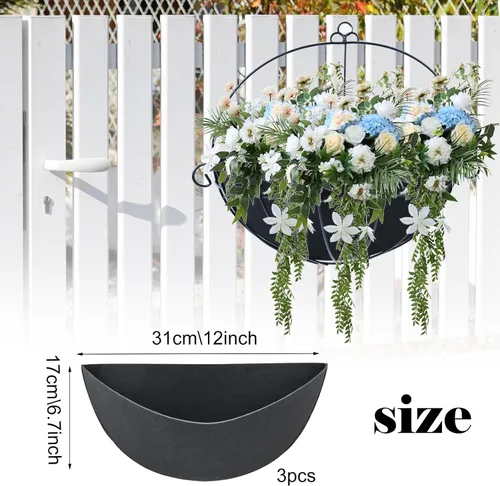 Vista 2 de 3 forros semicirculares de tela para macetas de 12 pulgadas, forro de fieltro de coco, alternativa para colgar en la pared, cesta de flores, 3