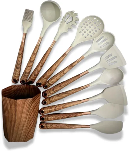 Vista 4 de Juego de utensilios de cocina de silicona de 11 piezas, resistentes al calor, antiadherentes, sin BPA, mango ergonómico