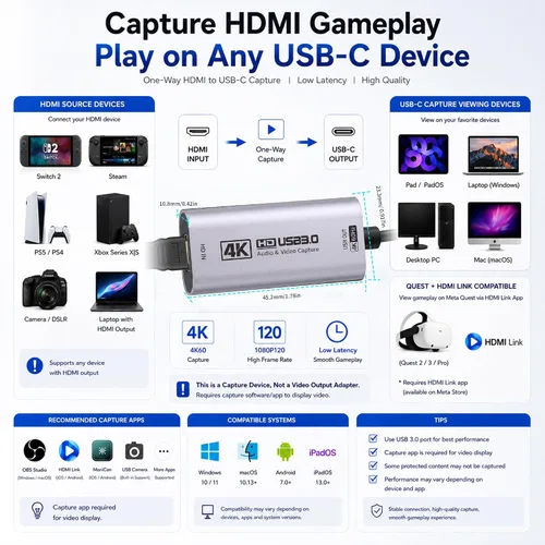 Vista 3 de Guermok HDMI Capture Card, USB 3.0 HDMI to USBC Video Capture Card, 4K60FPS Plateado