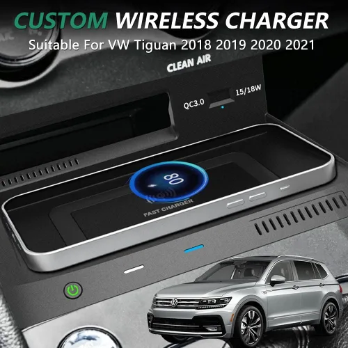 Vista 2 de Cargador de coche inalámbrico para VW Tiguan 2018 2019 2020 2021, almohadilla de carga rápida Qi de 15 W para iPhone Galaxy, accesorio de consola