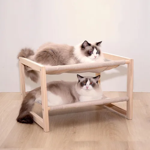 Vista 9 de Cama para gatos, hamaca de madera de doble capa para interiores y exteriores, cama elevada para perros pequeños, hecha de materiales naturales