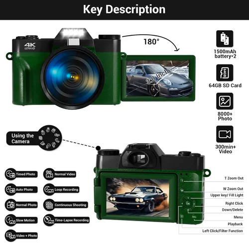 Vista 9 de Cámara digital de 75 MP, cámara de vlogging WiFi 4K con pantalla abatible de 180° de 3.0 pulgadas, cámara compacta de enfoque automático de 16X