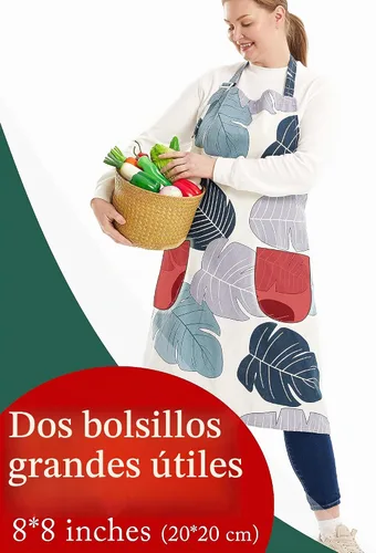 Vista 3 de Delantales de algodón y lino para hornear, talla grande, para mujer, con bolsillos, cocina banana ( Banana Leaf )