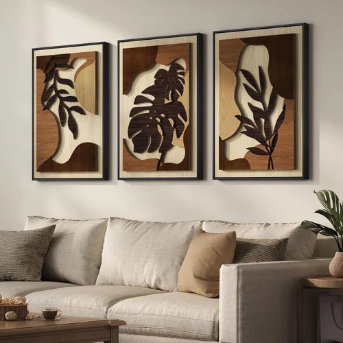 Vista 11 de Arte de pared de madera 3D con textura bohemia 3D para dormitorio, 3 piezas de arte de madera tallada botánica tropical para paredes, hoja de Marrón