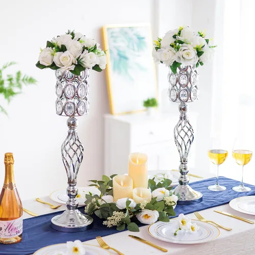 Vista 2 de Jarrones de flores de plata para centros de mesa: 2 jarrones de 23.6 pulgadas de alto para centros de mesa con piedras brillantes, piezas de centro