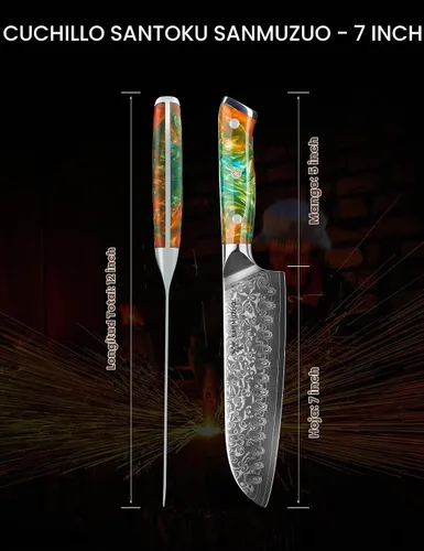 Vista 4 de Santoku Cuchillo de 7 pulgadas - Serie Xuan - Cuchillo de cocina de acero Damasco VG10 - Mango de resina (naranja fantasía)