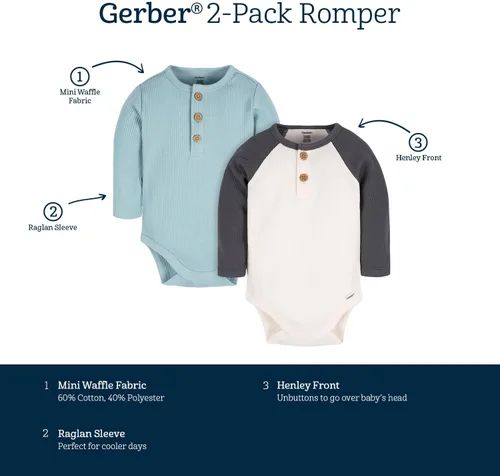 Vista 6 de Gerber Mamelucos Henley de manga larga para bebé (2 unidades)