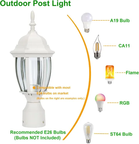 Vista 4 de LIT-PaTH Farol de poste de iluminación para exteriores, base mediana E26 máx. 60 W, carcasa de aluminio más vidrio, acabado blanco mate, paquete de 1