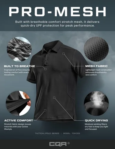 Vista 7 de CQR Camiseta polo táctica para hombre, de manga corta, ligera y con Dry Fit, tela piqué, FPU 50+, para exteriores