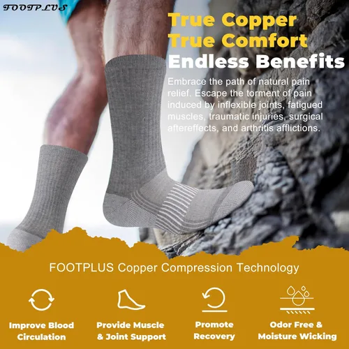 Vista 2 de FOOTPLUS Calcetines de compresión de cobre para senderismo, unisex, con suela acolchada y soporte de arco atlético, calcetines para correr